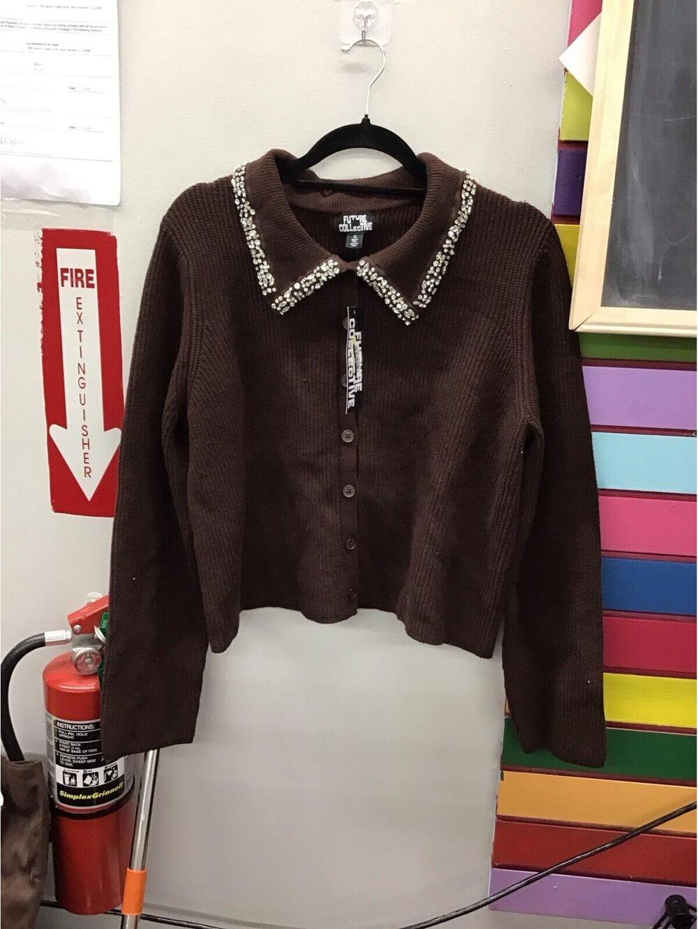 Future collective womens gem collared crop cardigan XL dark brown new from targe